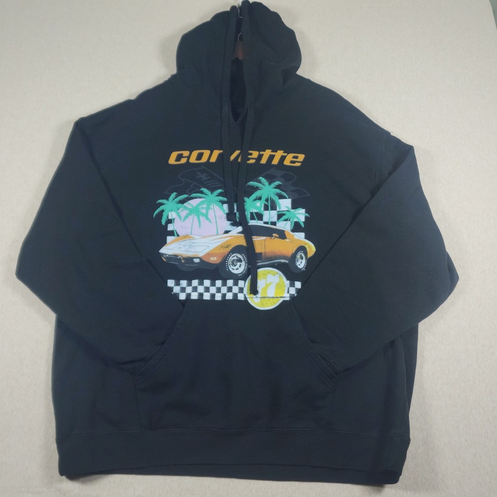 GM Corvette Graphic Hoodie Mens 3XL Black C3 Car Synthwave Pullover Sweatshirt
